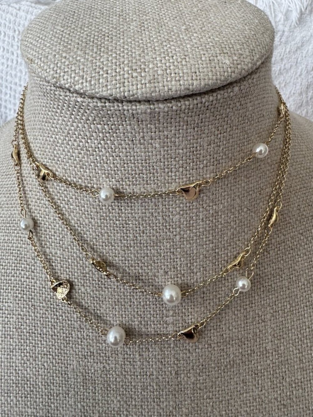 NWT Laundry Shelli Segal Faux Pearl Hearts Gold Tone 3 layer Necklace 16-20”